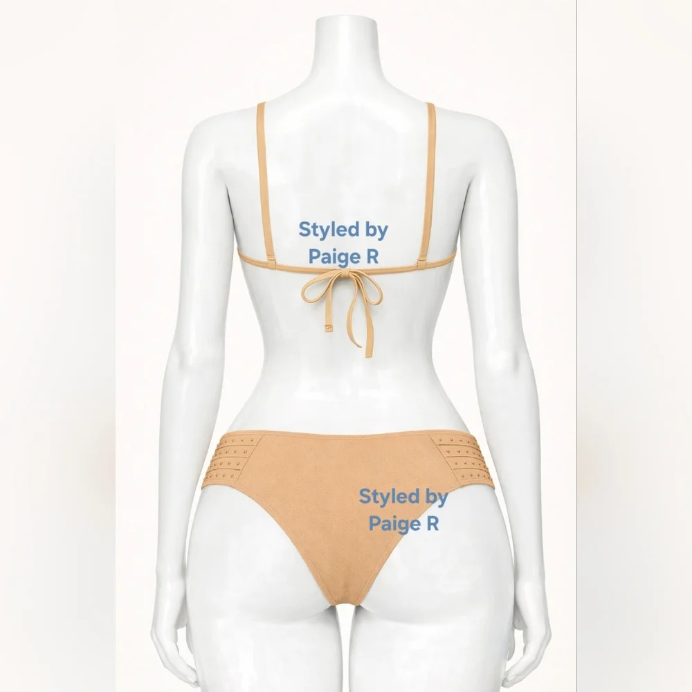 ⛱️NWT SKIMS 2 Piece High neck top Rhinestone Swim Strappy Bikini Nude OCHRE 4X